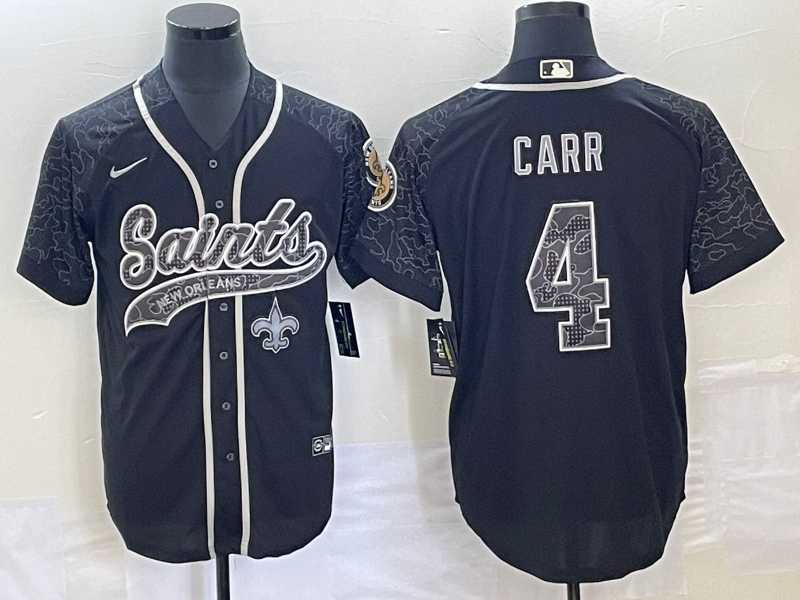 Men%27s New Orleans Saints #4 Derek Carr Black Reflective With Patch Cool Base Stitched Baseball Jersey